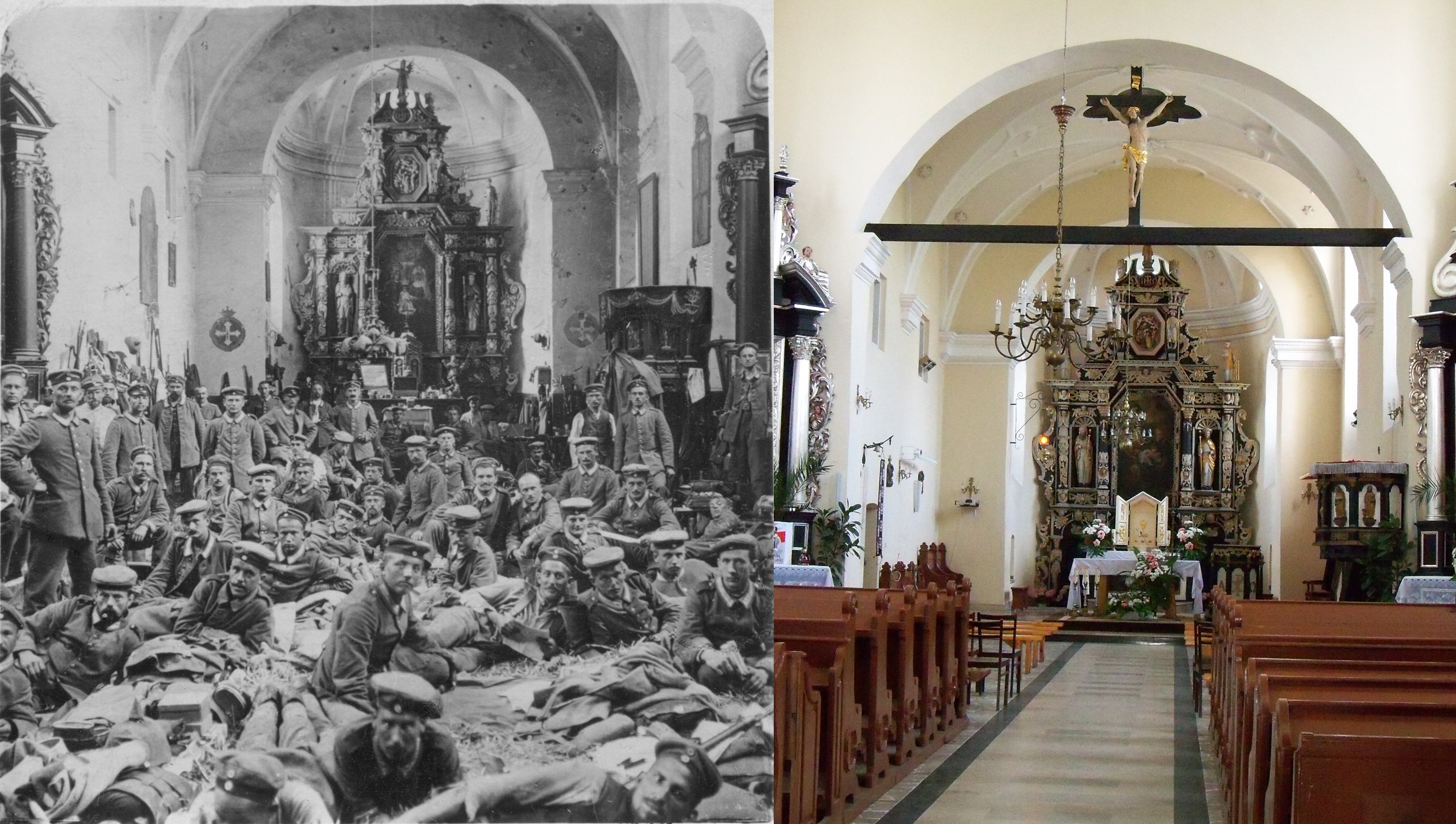Kościół Św. Anny  w Bolimowie (zdjęcia z wnętrza kościoła: wykonane w trakcie Pierwszej Wojny Światowej i wspłółcześnie)